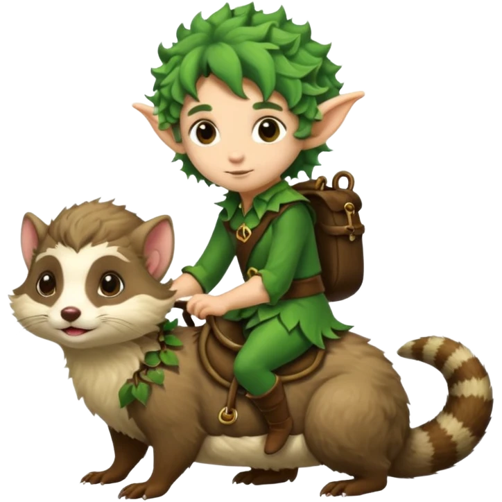 tiny forest elf with messy curls riding ferret emoji