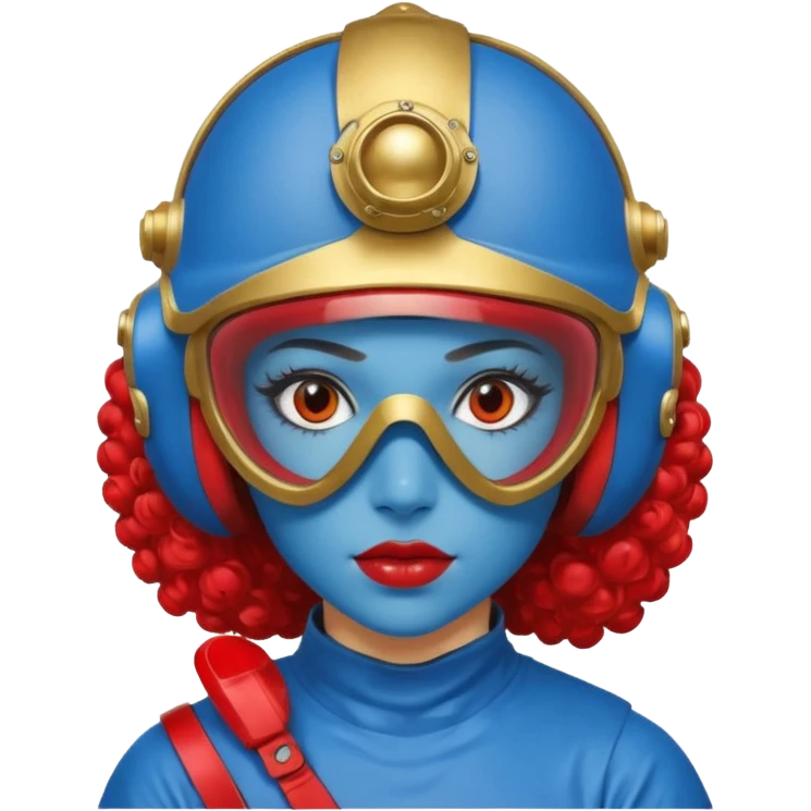 blue curly haired girl with huge earrings, wearing red paintball helmet and eye protection, only face  emoji