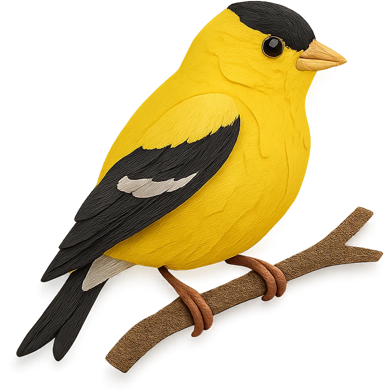very detailed American Goldfinch perched on a tree branch, intricate cut paper textures, bright yellow feathers, black wings and cap emoji