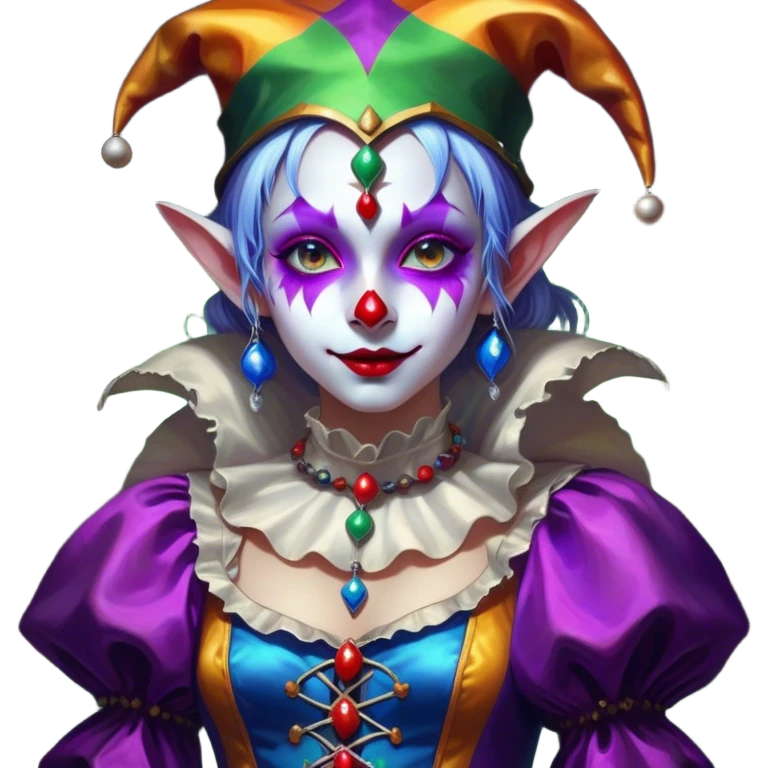 Cinematic girl in the style of a Jester, Ultra realistic 32k HD, Breathtaking piece of art, rim lighting, hauntingly beautiful art, vibrant colors, Balanced features, highly detailed digital artwork, glowing with silver light, glowing, high shine, deviant adoptable, highly detailed clothing, remembrance, a painting of white silver, fanciful, enchanting, ghostly, embodying the essence of both reality and fantasy, dreamy, dreamy glow, optical illusion, immaculate composition, complex pose, air composition. The image is so lifelike that it feels as though it could leap off the canvas at any moment emoji