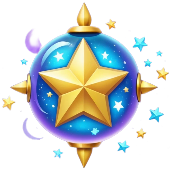 Uma esfera translúcida com reflexos roxos e azuis envolve uma estrela dourada brilhante no centro, criando um visual etéreo e futurista emoji