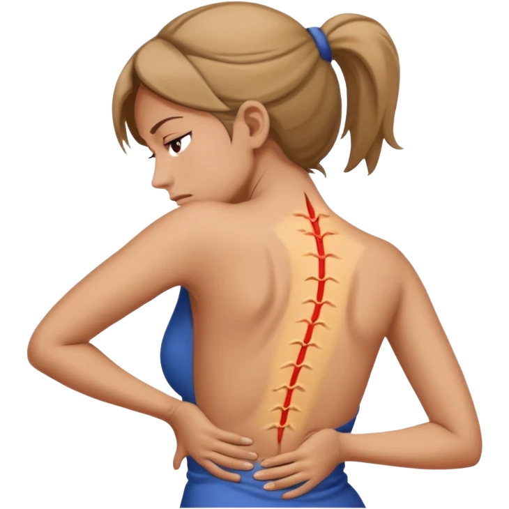 mulher com dor no corpo todo com a mao na coluna indicando dor sem desenhar a coluna emoji