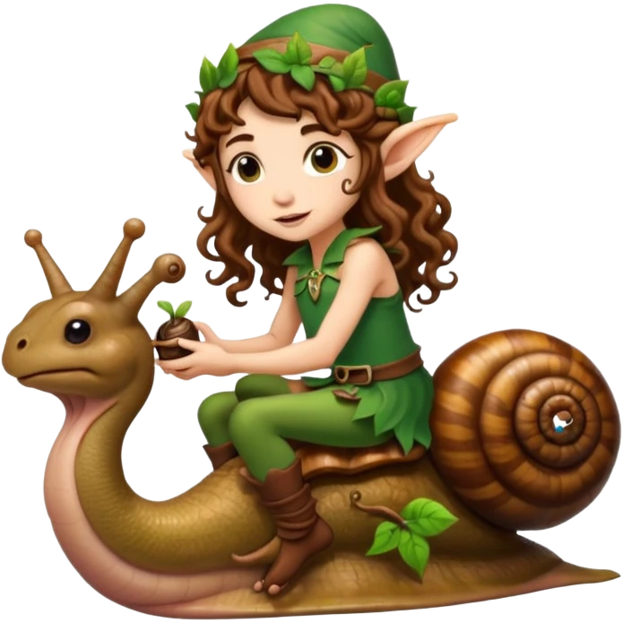 tiny forest elf long curly brown hair tattoos riding snail emoji
