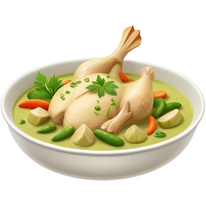 Cinematic Realistic Green Chicken Curry Dish Emoji, depicted with tender chicken simmered in a fragrant green curry sauce with vegetables rendered with rich textures and dynamic, vibrant lighting. emoji