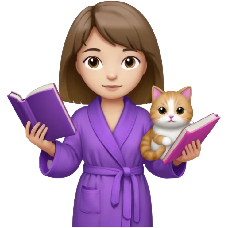 Девушка с короткими волосами до плеч русого цвета, посередине головы есть чёлка, с черными бровями, карие глаза, у неё фиолетовый халат, стоит в полный рост, в руках она держит розовую книгу, а возле ноги сидит кот  emoji