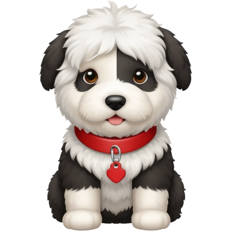 Crea un emoji de un perrito bebé  sheppdog english old con un collar rojo y que la placa diga Rocky emoji