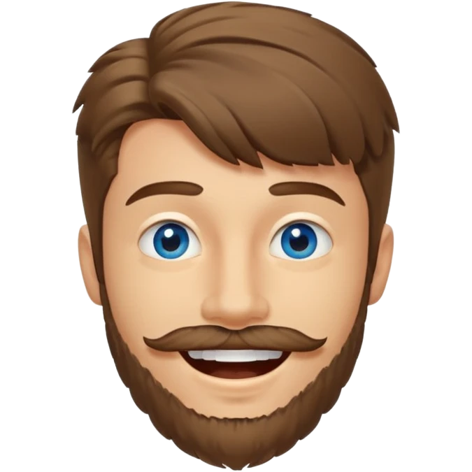 25 year old man, short scruffy beard and sparse moustache, brown puffy mullet, blue eyes, big smile, white teeth, big lips, pronounced jaw, hair longer in back, sticking up on top emoji