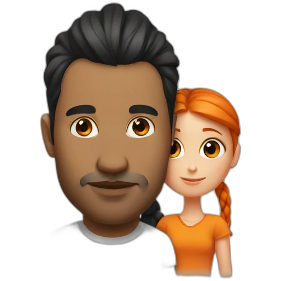 Man with black hair bun kissing a girl with orange hair emoji