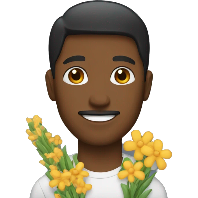 man with brown eyes holding flowers and a bag emoji
