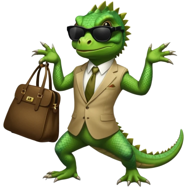 capitalist iguana banker godfather with black sunglasses breakdance with bag emoji
