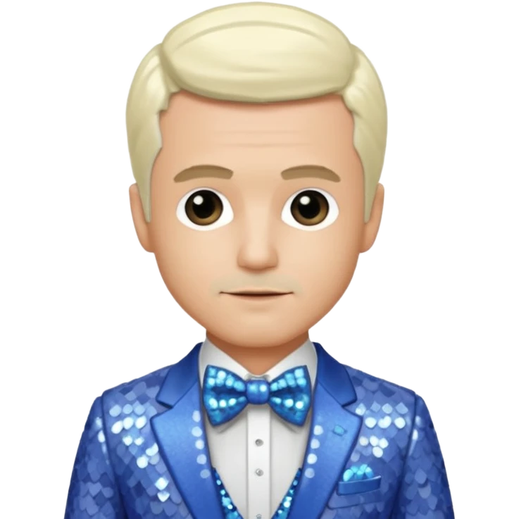 Freddie Prinze Jr with platinum blonde hair, periwinkle sequin suit with bow tie emoji