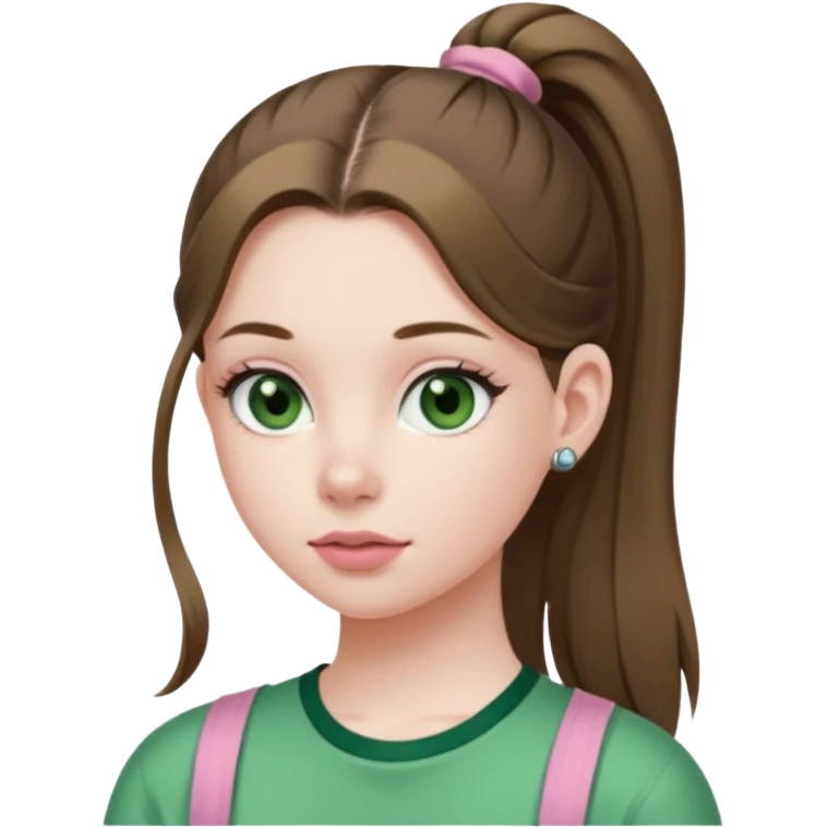 create an emoji of a young woman. She has a nice look, with long brown hair in a single ponytail with a hair tie, dark green eyes, pale skin, natural soft pink lips. she wears a green y2k top emoji