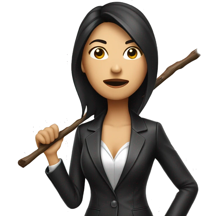 Asian looking woman in business leather suit with a destroys a stick emoji