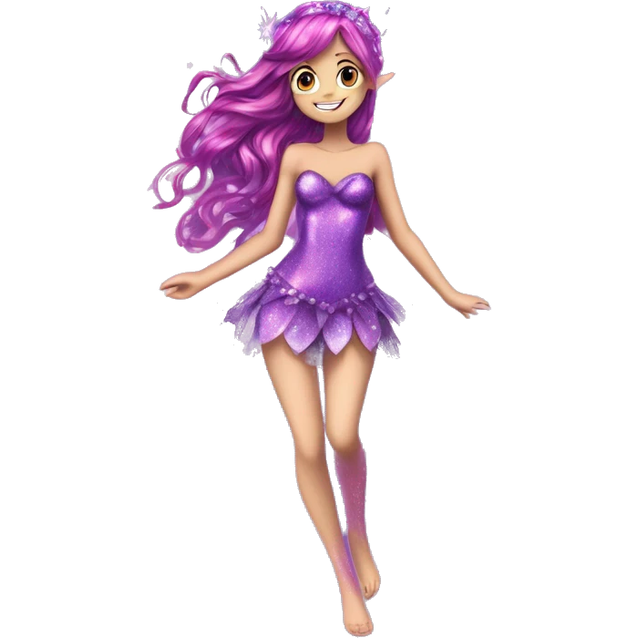 Tecna adult fairy of technology her enchantix fairy purple sparkling two-piece clothing and fairy enchantix wings and long dark pink hair in from winx club. Lots of sparkles and fairydust. Full body pic and full fairy bliss emoji