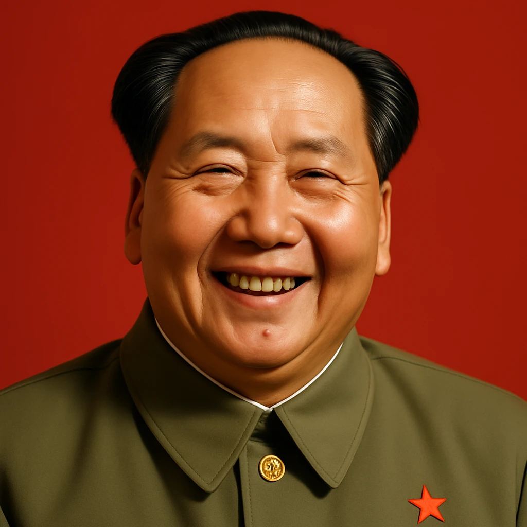 Make Mao Zedong smile, keep photorealistic style, red background. emoji