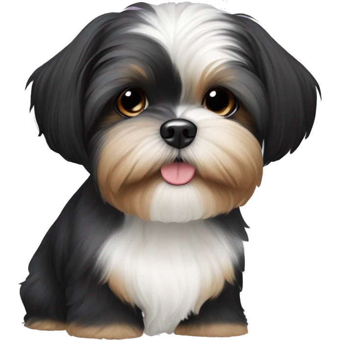 Shih tzu black puppy, yorkie coloring with light colored eyebrows. Round face, short ears  emoji