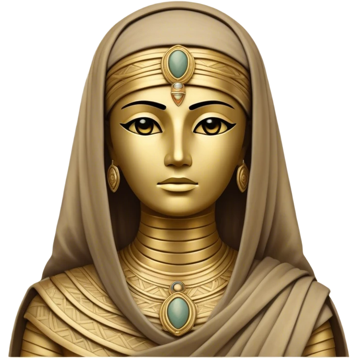 Cinematic Noble Mummy Portrait Emoji, Regal and timeless, with a meticulously wrapped, ancient form in muted earth tones accented by faded gold, exuding an air of forgotten majesty and solemn duty, simplified yet elegant with intricate bandage details, highly detailed and softly glowing, evoking the dignified mystery of an eternal sentinel guarding long-lost secrets! emoji