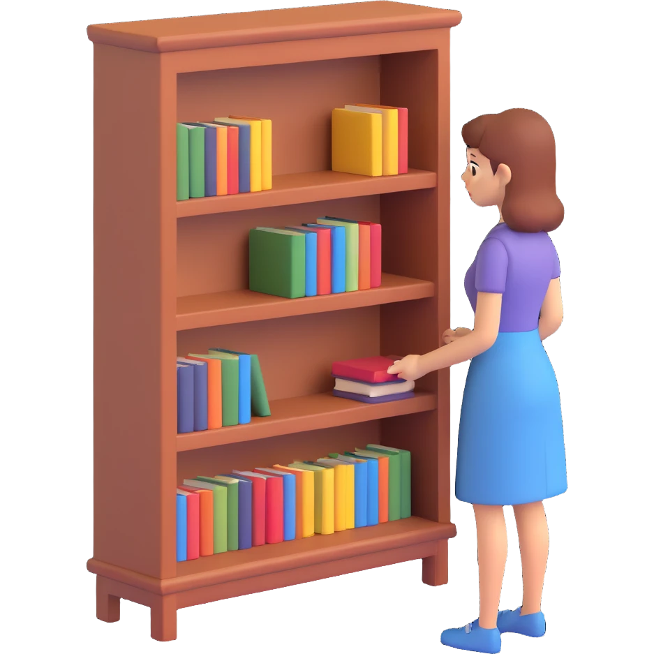 a sad woman looking at a small bookcase emoji
