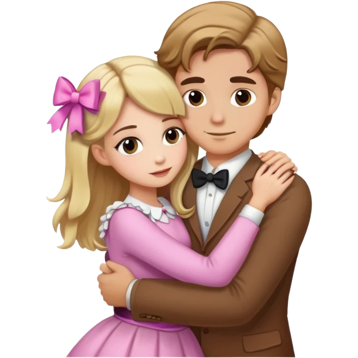 Brown hair white girl hugging blonde man with bows emoji