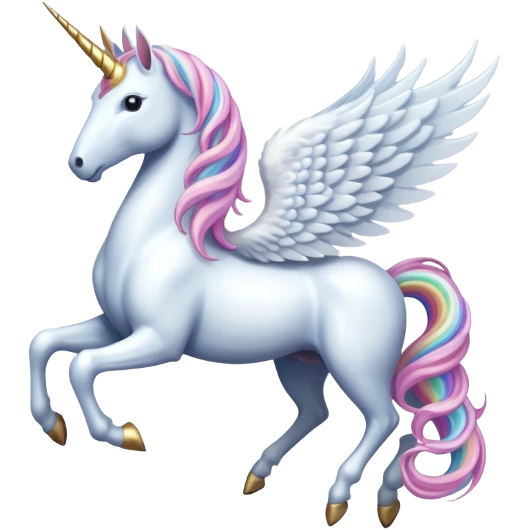 Cinematic Noble Unicorn with wings, slender with a flowing mane and tail and spiraled horn emoji