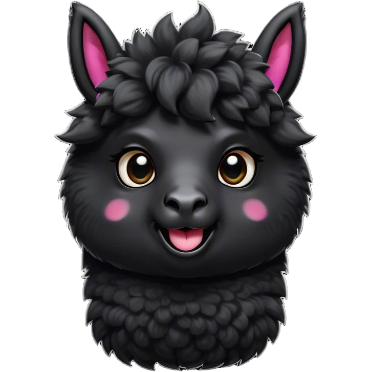Cinematic Comical Black Alpaca Portrait Emoji, Head tilted dramatically with an exaggeratedly amused expression, featuring a striking jet-black fleece with playful texture, wide, expressive dark eyes filled with playful disbelief, Simplified yet hilariously expressive features, highly detailed, glowing with a slightly sassy glow, high shine, dramatic yet playful, stylized with an air of cheeky mischief, bright and endearing, soft glowing outline, capturing the essence of a spirited and over-the-top alpaca, so meme-worthy it feels like it could side-eye its way into internet fame instantly! emoji