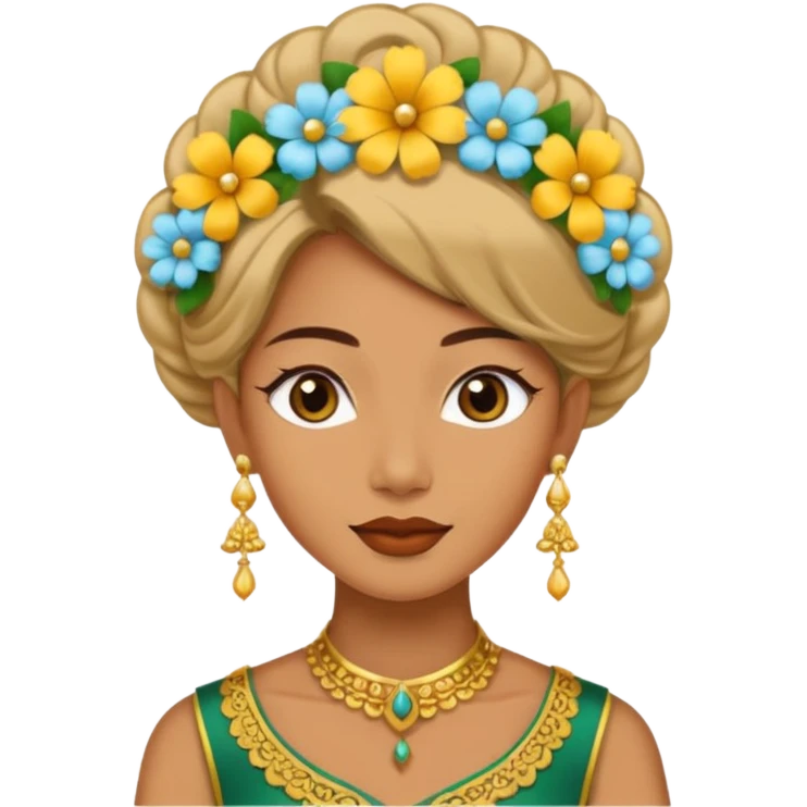 women with tan skin, wearing traditional Javanese hair with bouncy flowers, and wearing paes emoji