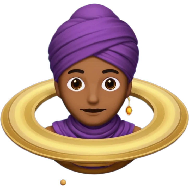 A bold emoji-style illustration with Saturn 🪐 as the dominant element, clearly showing its bright rings. Inside the planet, a stylized man wearing a colorful turban 👳🏾‍♂️, depicted as a mystical or adventurous character, sitting or floating within Saturn, integrated with the planet’s texture. . emoji