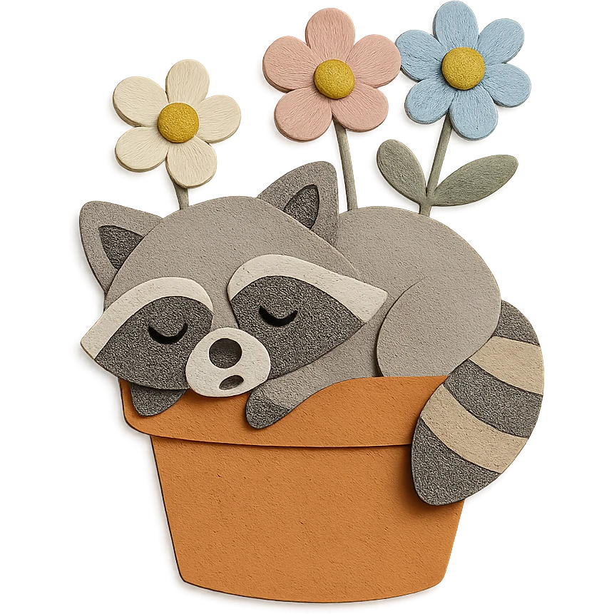 a sleepy raccoon inside a flower pot with a few flowers inside the pot, pastel earthy colors, paper craft style emoji