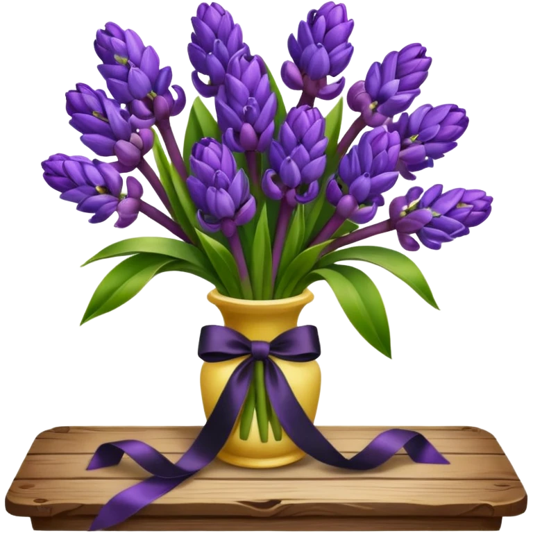 A lush bouquet of bright prple color Hyacinths black satin ribbon, resting on an antique wooden table, with a pale yellow and pink plaid pattern table cloth emoji