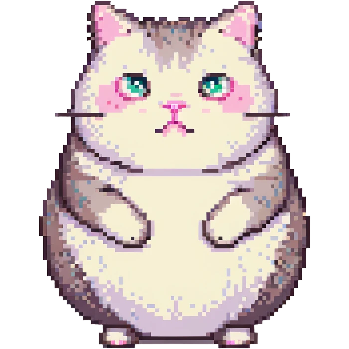 pixel art of a chubby, happy cat sitting, large sparkling eyes, pink cheeks emoji
