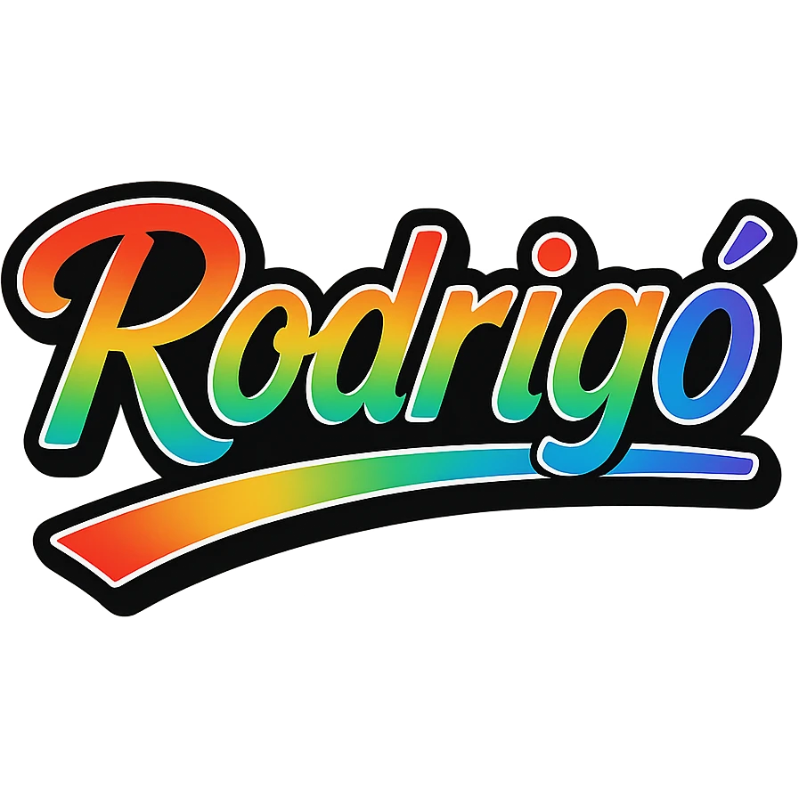 The name 'Rodrigó' in a modern font with smooth gradient coloring, precise Hungarian characters, dark outline, extra thick and prominent white letter border, dynamic slanted underline, rainbow gradient color scheme, 1000x1000 px, PNG, transparent background. emoji