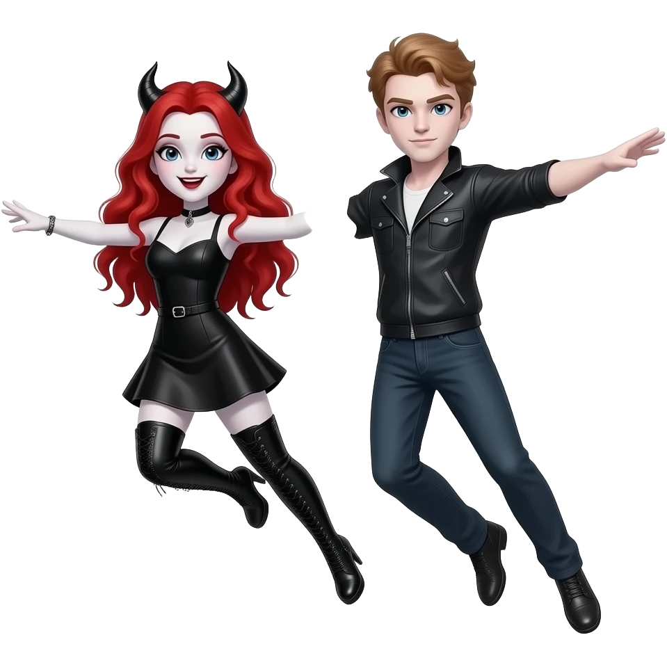 Vampiro femmina ADOLESCENTE con pelle bianca e capelli rosso ondulati lunghi che indossa un vestito corto nero e degli stivali lunghi neri con tacco che fa' l' AERIAL con il suo fidanzato FIDANZATO con la pelle bianca che  con le braccia emoji