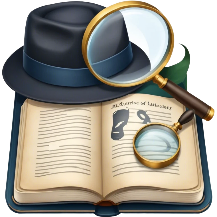 Icon for Detective Reading: an open book with text and a magnifying glass, a detective’s hat and a notebook with clues, surrounded by dark shadows and mysterious elements like footprints. Transparent background. emoji