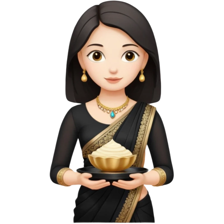 Russian girl in Indian black saree with full image from head to leg and holding one small cream colour plastic tray in her both hands emoji