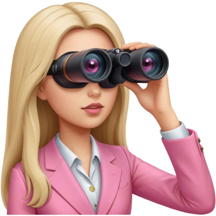 futuristic-looking woman with long hair in an intensive color pink suit looking through two-eyed binocular, viewed from an angled perspective emoji