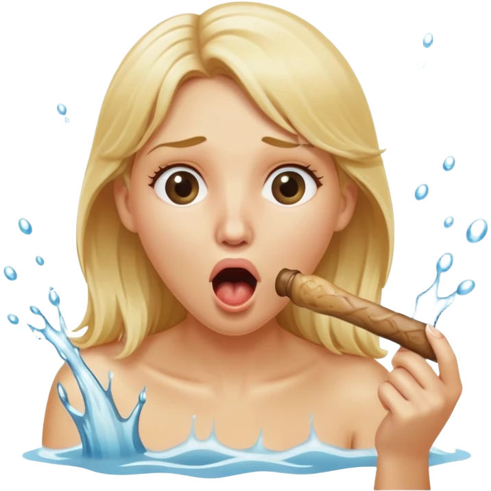blond woman eating a wide stick with a round knob, both the stick and knob are the same color as her skin, the knob has visible skin texture, water stream squirting from the knob into her open mouth, surprised expression emoji