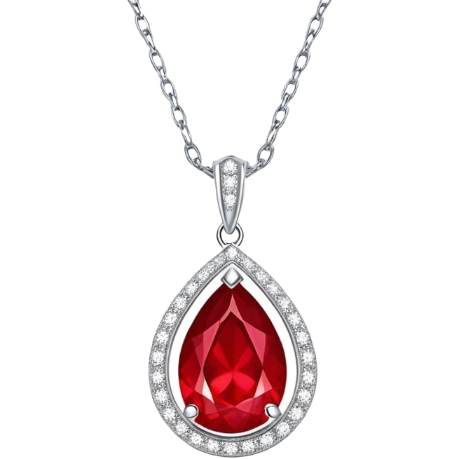 teardrop ruby pendant with a silver chain and shimmering white stones, glowing fiery red emoji