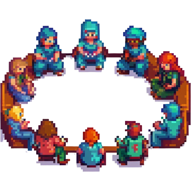 a group of friends sitting in a circle, pixel art style, retro video game look, pixelated characters emoji