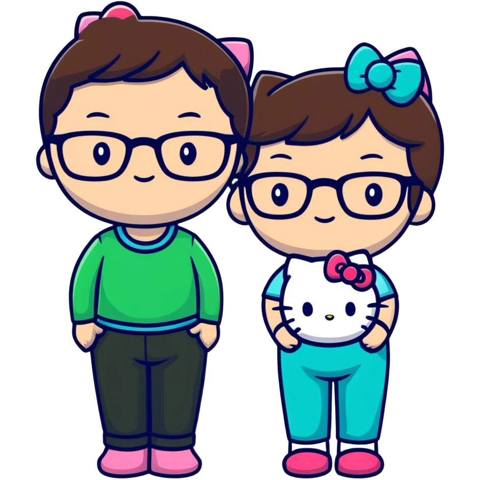 my (brunette, with glasses and makeup, with brown-green eyes ) and my boyfriend (brunette, with glasses, with blue-green eyes) in hello kitty pants emoji