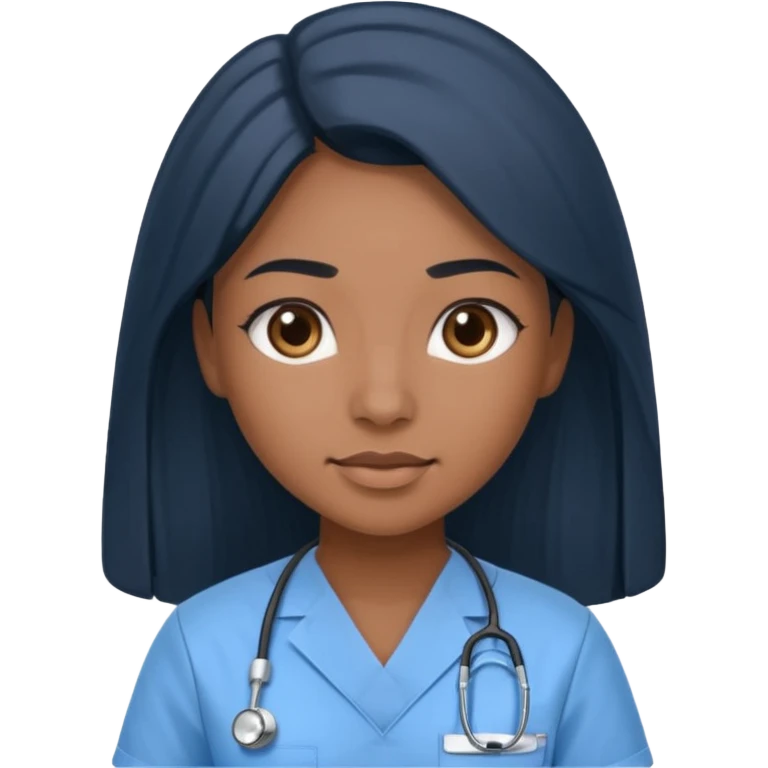 pretty brown skin nurse with long black hair and slanted brown eyes in light blue scrubs emoji
