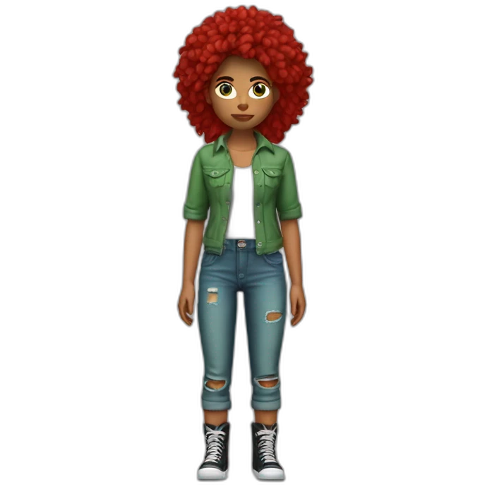 Chica pelo rojo lago rizado ojos verdes cuerpo completo con pantalones vaqueros  rotos y camiseta negra con una cadavera emoji