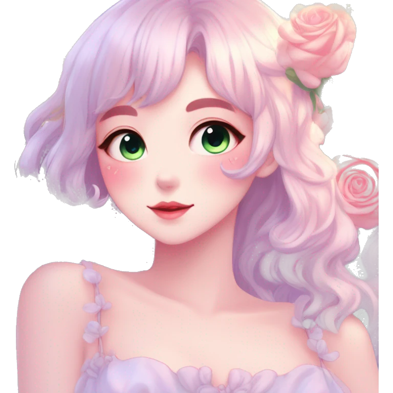 Gorgeous pastel anime style lady with blushing face and roses cottagecore fairycore pastelcore shiny colorful pearly petite simplistic aesthetic trending style emoji