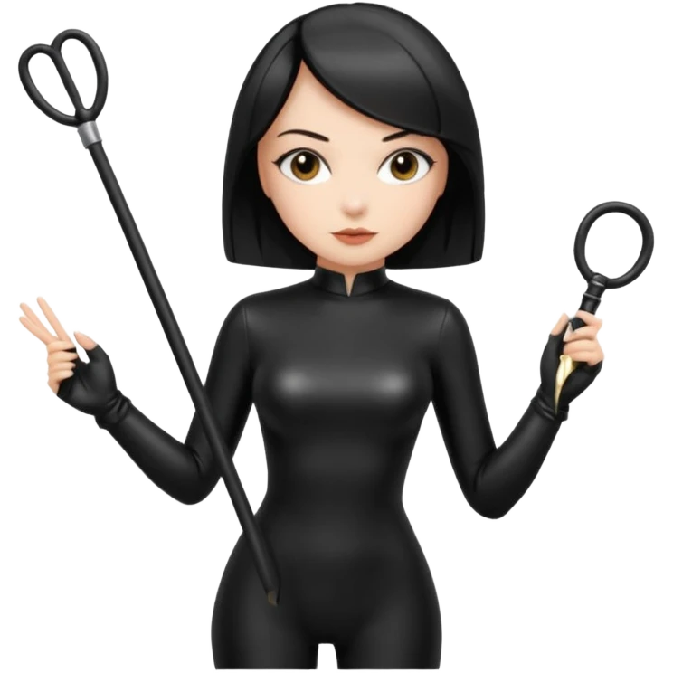 madam with straight bob hairstyle in black latex with whip in hand emoji
