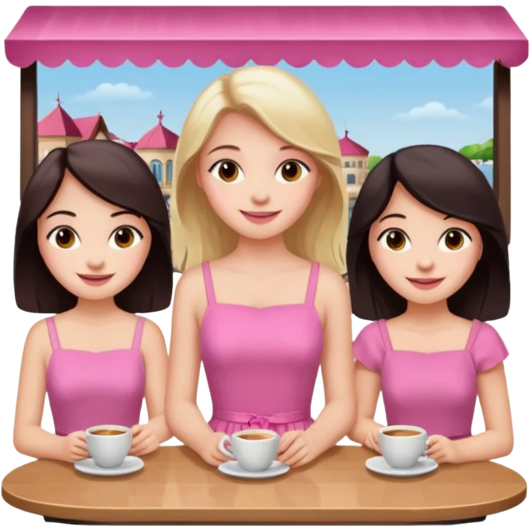 Девушка со светлыми волосами сидит в кафе весёлая с подружками у которых темные волосы в розовом платье emoji