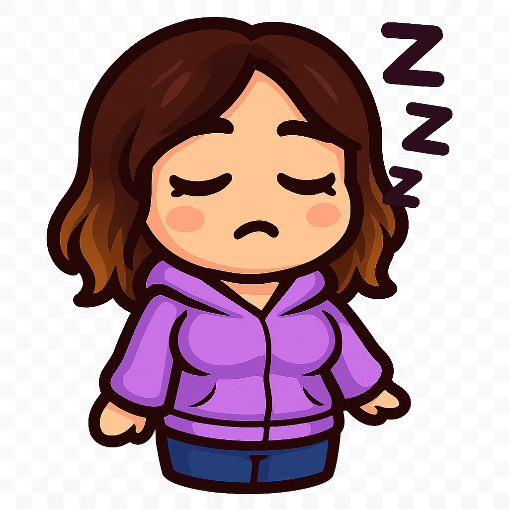 Create a chibi emote of a woman from the reference images with a slightly skinnier body and bigger chest, wearing a lavender hoodie and blue jeans, sleepy with Zzz, cute tired face, no headband, no wand, no green heart, transparent background, and top color not matching jeans, matching the attached green heart emote as a base style. emoji