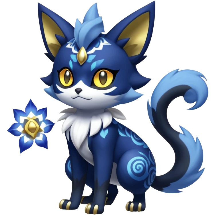 Shiny Evil mExotic Badass Colorful Ethereal Royal Mysterious Gothic Meowstic-Zorua-Litten-Noibat-Pokémon-Fakémon-hybrid-creature (full body) with pattern-markings with golden eyes emoji