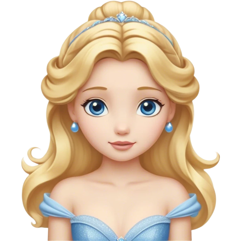 Cinematic Realistic Cute Cinderella Portrait, featuring fair, luminous skin with finely detailed texture and softly lit golden-blonde hair cascading in gentle waves. Her warm, inviting blue eyes sparkle with youthful charm and curiosity, while her classic, elegantly draped ball gown reveals meticulously rendered fabric details and natural folds. The overall composition is bathed in a gentle, realistic radiance that exudes both playfulness and heartfelt beauty. emoji