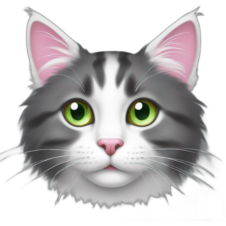 fluffy dark grey cat, pink nose, light green eyes, white long whiskers, white spots near the nose, white breast, the cat's fur is soft. emoji