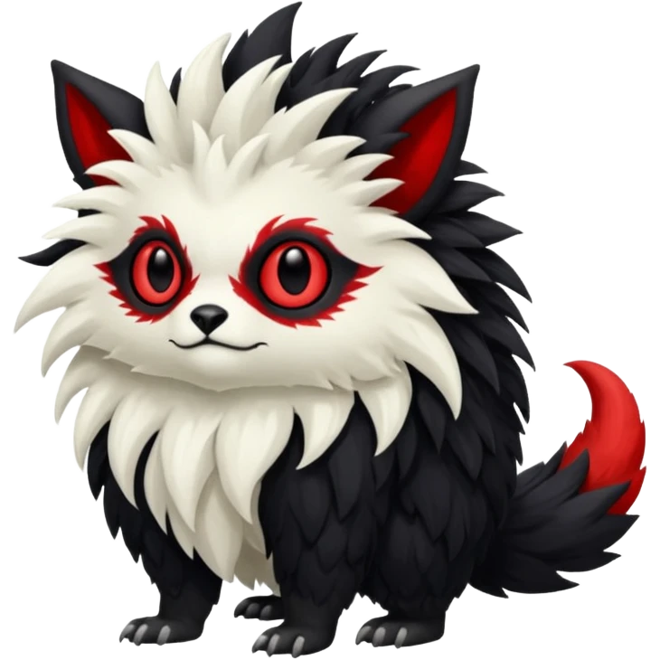 a white exotic edgy vernid-fionbr-Fakémon-creature, with black belly and red eyes, full body emoji