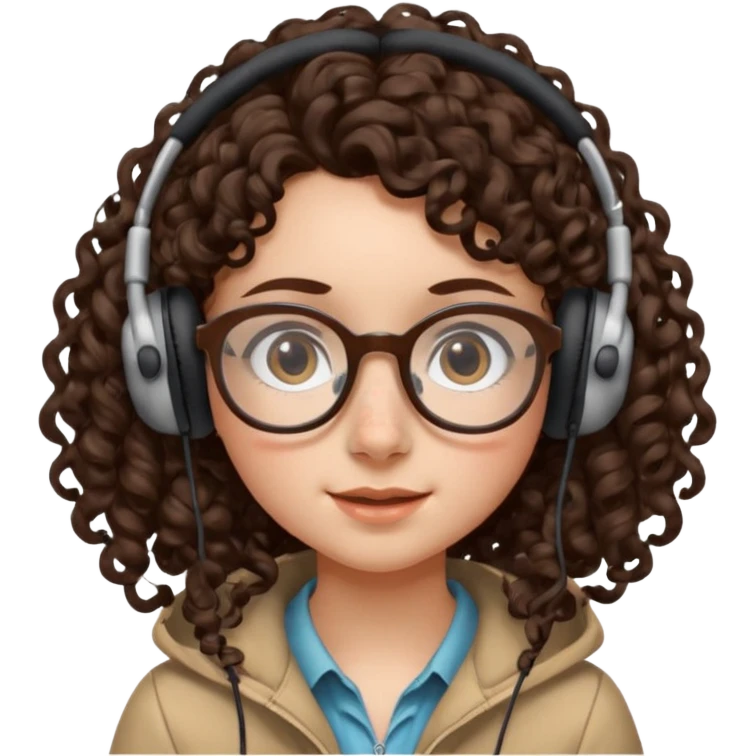 brunette kid with unique face features and very curly long hair kid girl neutral and big glasess and big nose and dark eyes with freckles kind of nerd looking and headphone wearing emoji